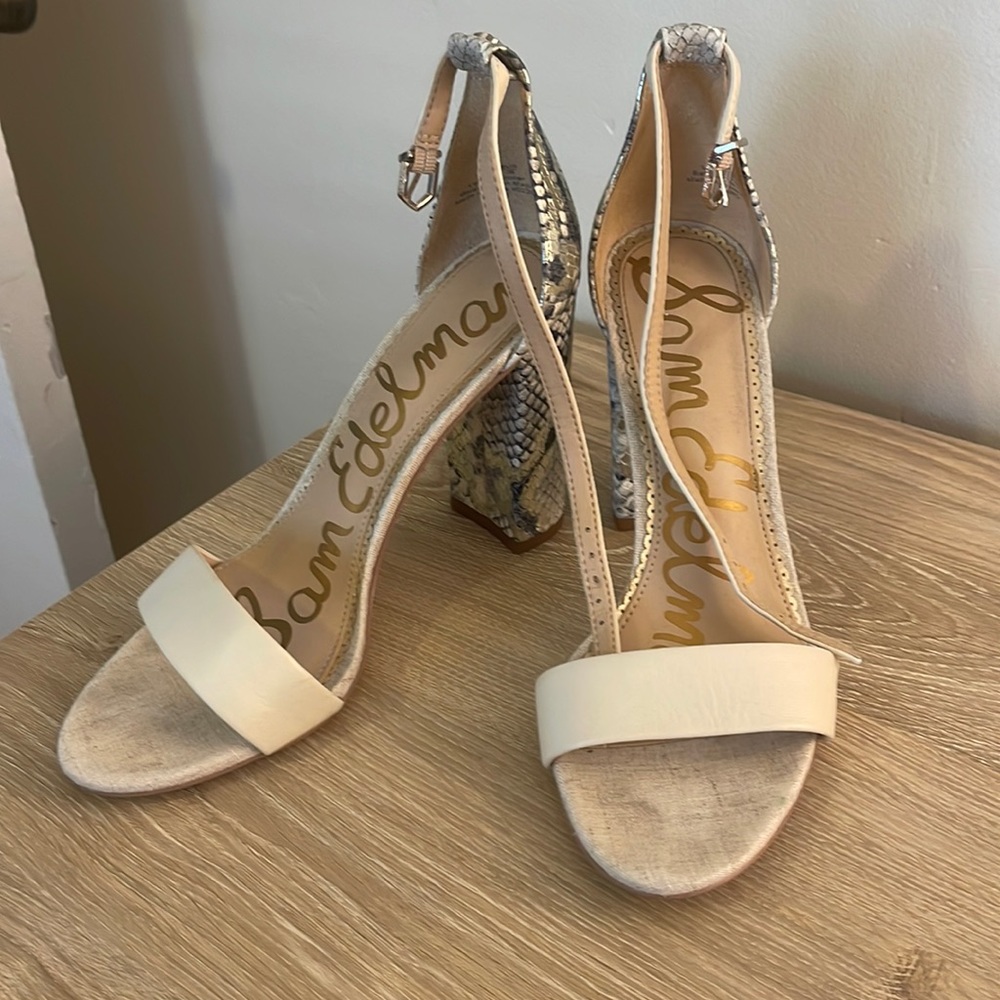 Sam Edelman Yaro block heel sandal with snake skin heel